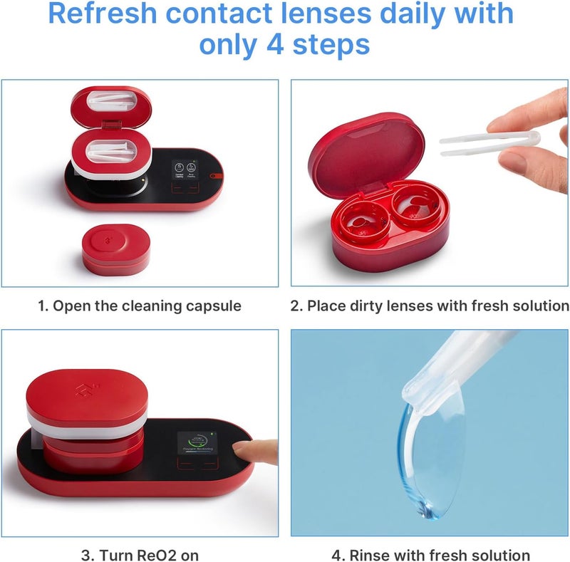3N ReO2 Contact Lens Cleaner, Electrophoresis Technology, with Mirror and Tweezer, Deep Clean Soft Lens, Long-Term and Colored Contact Lens, Non-ultrasonic Cleaner (Red) - Image 4